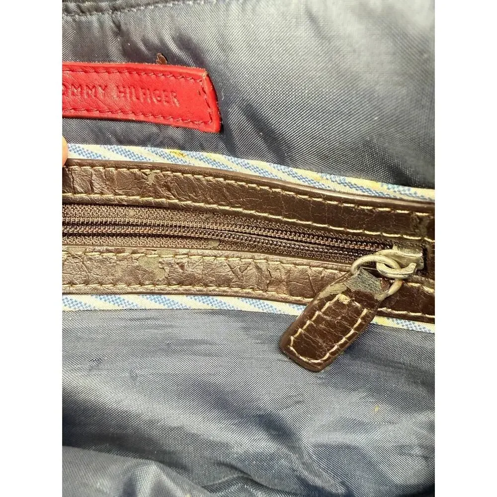 Tommy Hilfiger Monogram Wristlet Clutch Wallet Brown Canvas Red Blue Stripe